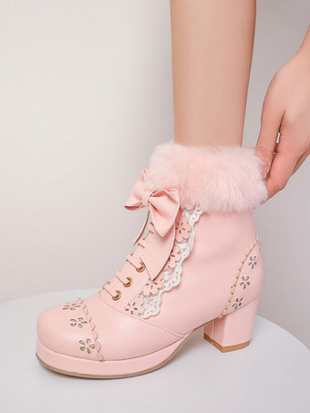 甘いロリータブーツ弓フェイクファー中空チャンキーヒールロリータシューズ