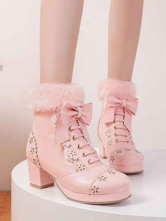 ピンク甘いロリータブーツ弓フェイクファー中空チャンキーヒールロリータシューズ