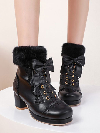 ブラック 甘いロリータブーツ弓フェイクファー中空チャンキーヒールロリータシューズ