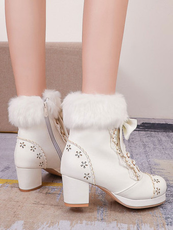 ホワイト 甘いロリータブーツ弓フェイクファー中空チャンキーヒールロリータシューズ