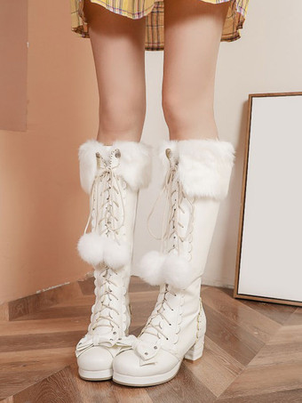 ロリータブーツ 甘い ボウポンポンフェイクファーレースアップロリータシューズ