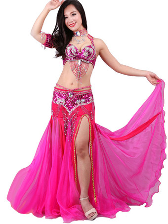 ローズレッドベリーダンス衣装 パフォーマンス 女性用 ダンスウェア 5点セット 衣装