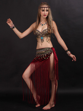 ワインレッド ベリーダンスコスチュームフリンジレディースダンスコイン