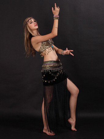 ブラック ベリーダンスコスチュームフリンジレディースダンスコイン