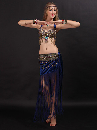 ロイヤルブルーベリーダンスコスチュームフリンジレディースダンスコイン