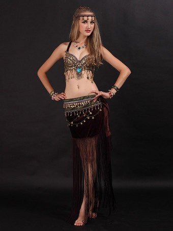 ブラウン ベリーダンスコスチュームフリンジレディースダンスコイン