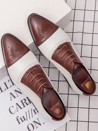Herren Hochzeitskleid Oxford Formelle Schuhe Runder Zehenriemen Verstellbarer Farbblock Weiß Leder Hochzeitskleid Schuhe