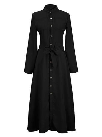 女性のマキシドレス高層スタンド襟ボタン長袖床長さシャツドレス