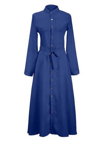 女性のマキシドレス高層スタンド襟ボタン長袖床長さシャツドレス