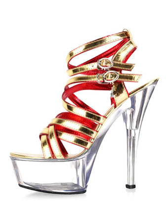 女性のセクシーなサンダル黒オープントゥPUレザーストラップアンクルストラップハイヒールサンダル ポールダンスシューズ