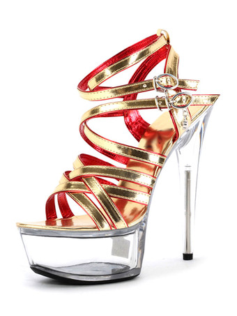 女性のセクシーなサンダル黒オープントゥPUレザーストラップアンクルストラップハイヒールサンダル ポールダンスシューズ