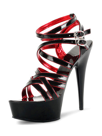 女性のセクシーなサンダル黒オープントゥPUレザーストラップアンクルストラップハイヒールサンダル ポールダンスシューズ