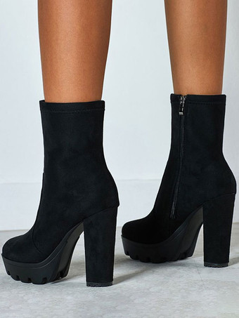 レディース アンクルブーツ ブラック マイクロスエード ラウンドトゥ チャンキーヒール ハイヒール ブーティ