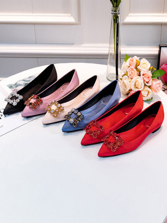 イブニングシューズブラックサテンポインテッドトゥメタルディテールラインストーンイブニングフラッツパーティーシューズ