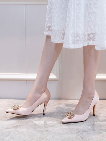 女性のパーティーシューズヌード指摘つま先ラインストーンハイヒールサテンイブニングシューズ