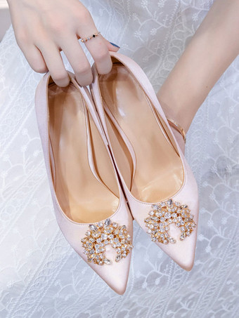 女性のパーティーシューズヌード指摘つま先ラインストーンハイヒールサテンイブニングシューズ
