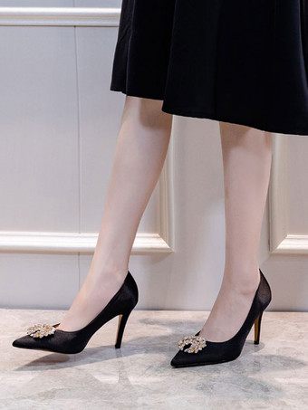 女性のパーティーシューズヌード指摘つま先ラインストーンハイヒールサテンイブニングシューズ