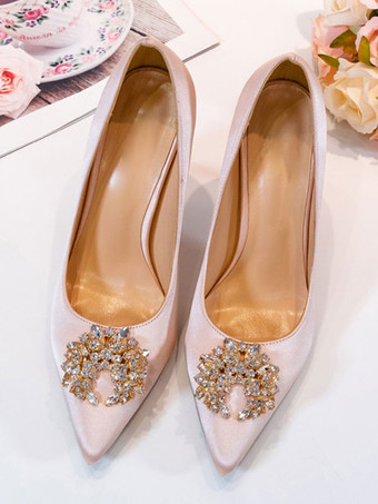 女性のパーティーシューズヌード指摘つま先ラインストーンハイヒールサテンイブニングシューズ