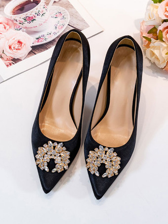 女性のパーティーシューズヌード指摘つま先ラインストーンハイヒールサテンイブニングシューズ