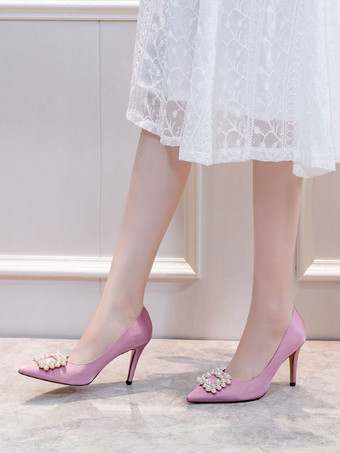 女性のイブニングシューズ白先のとがったつま先真珠サテンパーティーシューズ