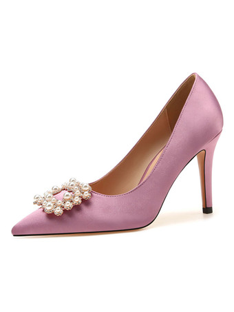 ピンク女性のイブニングシューズ白先のとがったつま先真珠サテンパーティーシューズ