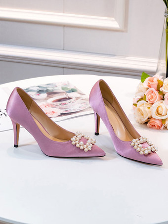 女性のイブニングシューズ白先のとがったつま先真珠サテンパーティーシューズ