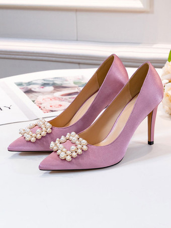 女性のイブニングシューズ白先のとがったつま先真珠サテンパーティーシューズ