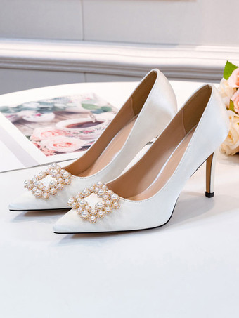 女性のイブニングシューズ白先のとがったつま先真珠サテンパーティーシューズ