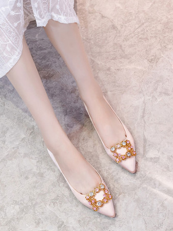 イブニングシューズブラックサテンポインテッドトゥメタルディテールラインストーンイブニングフラッツパーティーシューズ