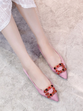 イブニングシューズブラックサテンポインテッドトゥメタルディテールラインストーンイブニングフラッツパーティーシューズ