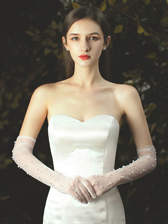 Higohome Wrist Length Faux Pearl Shinny Satin Wedding Bridal Gloves Bride Dress Accessory 