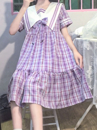 Sweet Lolita OP Dress Uniforme scolaire JK Outfit Costume de marin à manches courtes à carreaux