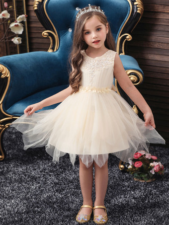 Champagne Robe fille de fleur champagne en tulle col rond décoré des perles robe fille cérémonie