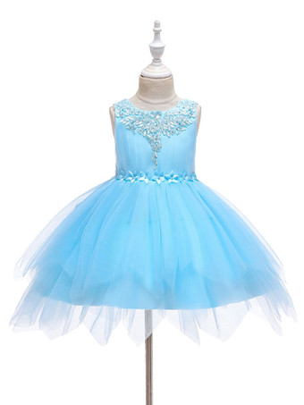 Bleu ClairRobe fille de fleur champagne en tulle col rond décoré des perles robe fille cérémonie
