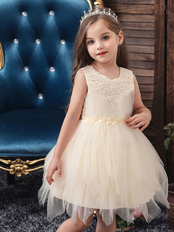 Robe fille de fleur champagne en tulle col rond décoré des perles robe fille cérémonie