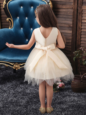 Robe fille de fleur champagne en tulle col rond décoré des perles robe fille cérémonie