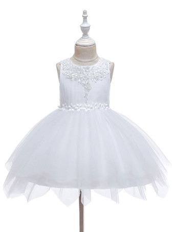 Robe fille de fleur champagne en tulle col rond décoré des perles robe fille cérémonie