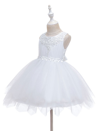Blanc Robe fille de fleur champagne en tulle col rond décoré des perles robe fille cérémonie