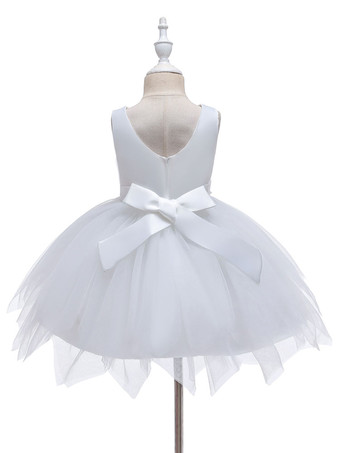 Robe fille de fleur champagne en tulle col rond décoré des perles robe fille cérémonie
