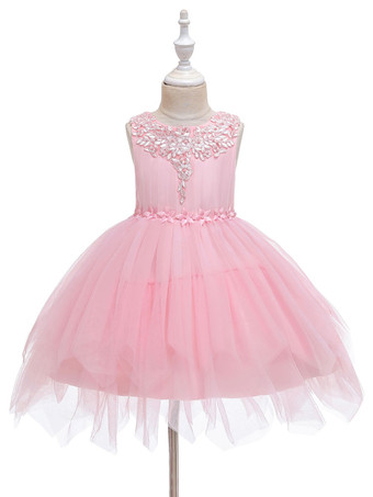 Pale RoseRobe fille de fleur champagne en tulle col rond décoré des perles robe fille cérémonie