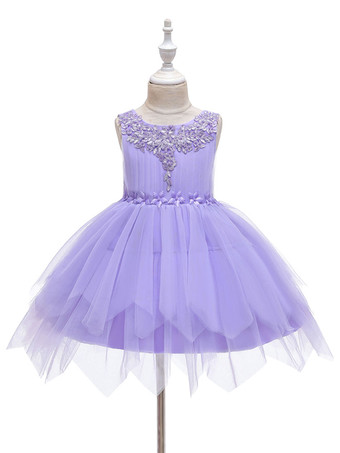 Lavande Robe fille de fleur champagne en tulle col rond décoré des perles robe fille cérémonie