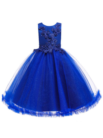 Encre BleuRobes cortège enfant en mousseline col rond en dentelle décorée des fleurs jupe volant Robe de fille de fleur