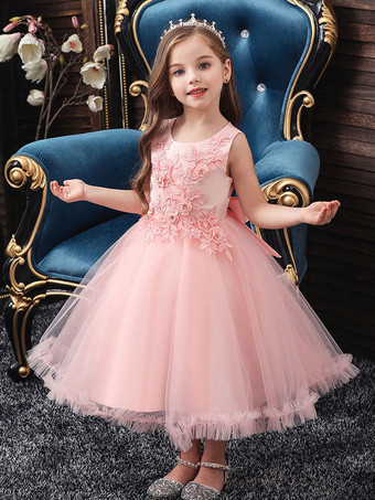 Robes cortège enfant en mousseline col rond en dentelle décorée des fleurs jupe volant Robe de fille de fleur