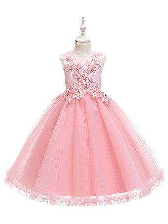 Robes cortège enfant en mousseline col rond en dentelle décorée des fleurs jupe volant Robe de fille de fleur