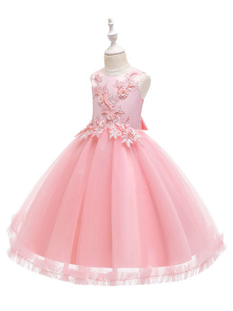 Robes cortège enfant en mousseline col rond en dentelle décorée des fleurs jupe volant Robe de fille de fleur