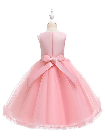 Robes cortège enfant en mousseline col rond en dentelle décorée des fleurs jupe volant Robe de fille de fleur