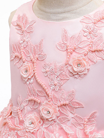 Robes cortège enfant en mousseline col rond en dentelle décorée des fleurs jupe volant Robe de fille de fleur