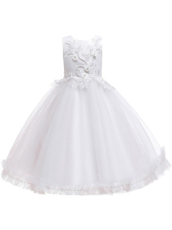 Blanc Robes cortège enfant en mousseline col rond en dentelle décorée des fleurs jupe volant Robe de fille de fleur