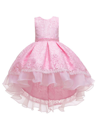 ソフトピンクフラワーガールドレスジュエルネックポリエステルノースリーブトレインプリンセスシルエットリボンキッズパーティードレス