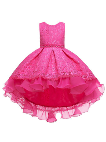 フラワーガールドレスジュエルネックポリエステルノースリーブトレインプリンセスシルエットリボンキッズパーティードレス